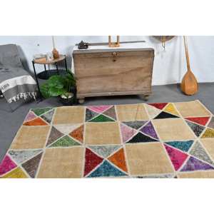 พรมตุรกีโบราณที่ทันสมัย5.2x7.7ft สีเบจคลาสสิกรูปสี่เหลี่ยมผืนผ้าการออกแบบการเย็บปะติดปะต่อกันสำหรับห้องนั่งเล่นห้องนอนขนแกะโพลีเอสเตอร์ - Product Image 2