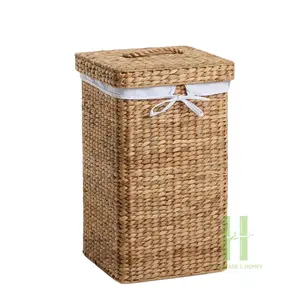 Boho Natural Water Hyacinth Laundry Basket with White Linen Layer Inside Large Storage Basket from Vietnam Factory Directly