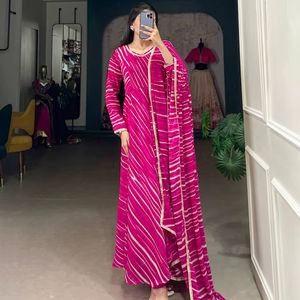 Nouvelle robe de soirée Anarkali de style traditionnel imprimé rose pour filles et femmes - Product Image 1