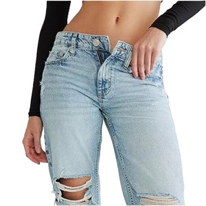 กางเกงยีนส์ขาตรงเอวสูงแบบรัดรูปของผู้หญิงสีฟ้าผ้ายืดกางเกงเทรนด์ยุโรป - Product Image 2