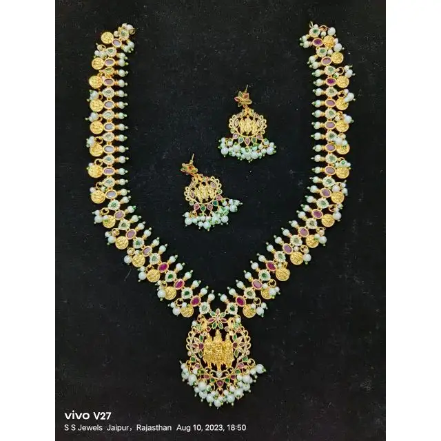 Süd indischer Halsketten-Set Indischer traditioneller Tempels chmuck Halsketten-Set Indischer Braut schmuck Halskette in rosa Grün