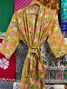 Kimono de luxe unisexe en coton imprimé bloc, cardigan, vêtements de nuit, robe de chambre, spa, hôtel, été, automne - Product Image 4