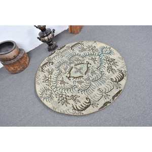 พรมขนสัตว์สีเบจสีน้ำตาลแบบคลาสสิก3.8ft 3.8 x แนววินเทจแบบตุรกีสำหรับห้องนั่งเล่นพร้อมแผ่นรองยางสำหรับข้างเตียงวัยรุ่น - Product Image 2