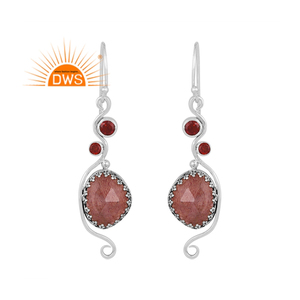 Best Quality Oxidized Sterling Silver Natural Garnet & Strawberry Quartz Gemstone Dangle Earring Custom Jewelry Manufacturer - Product Image 1