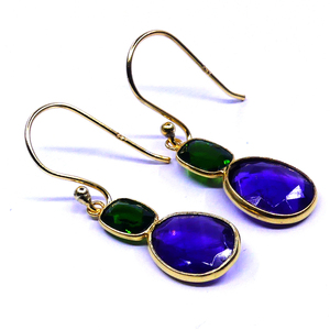 Boucles d'oreilles en argent sterling 925 de style vintage en tourmaline verte plaquée or et pierres précieuses d'améthyste - Product Image 1