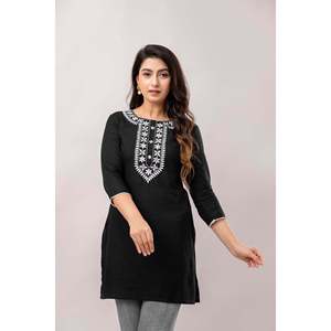 Kurti droit en viscose brodée Chawal Taka pour femme en noir et blanc - Product Image 6