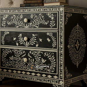 Table de chevet design en incrustation d'os noir Table de chevet artistique florale avec deux tiroirs - Product Image 2