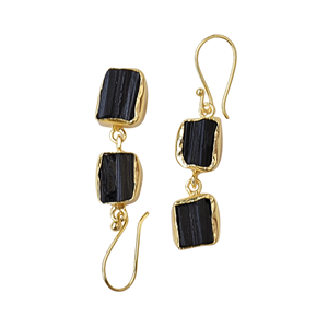 Boucles d'oreilles pendantes en tourmaline noire semi-précieuse plaquée or à double pierre pour la vente en gros, la distribution et l'approvisionnement - Product Image 5