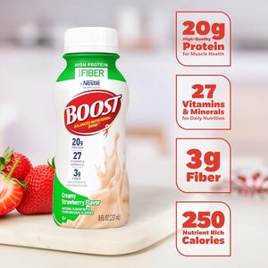 BOOST High <b>Protein</b> with Fiber Ready to Drink Complete Nutritional Drink, Creamy Strawberry, 8 fl oz Bottle, 24 Pack - Product Image 4