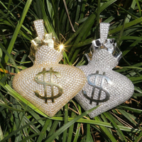 Collier Statement Hip Hop avec Pendentif Cœur Micro Pavé CZ 5A et Grand Sac d'Argent Dollar, en Laiton Doré, Fournisseur OEM de Bijoux en Gros