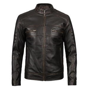 High Quality Coated Custom Logo Front Vintage <b>Cow</b> Skin Hooded Jacket Men Solid Color Autumn Stand Collar Breathable Woven - Product Image 1