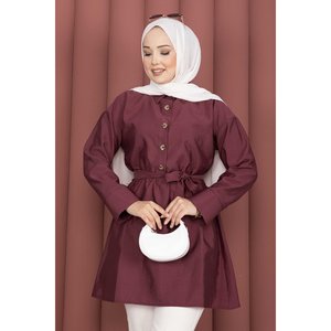 เสื้อคลุมลำลองกระดุมครึ่งเม็ดพร้อมเข็มขัดรัดเอวสีเบอร์กันดี - Product Image 2