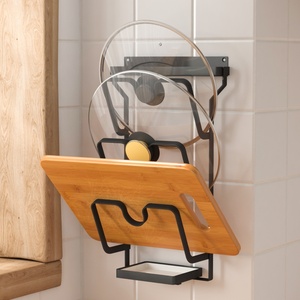 Organizzatore Salvaspazio in Metallo a 3 Ripiani per Coperchi di Pentole, Montaggio a Parete Senza Foratura con Vassoio Raccogligocce per Cucina e Soggiorno - Product Image 4