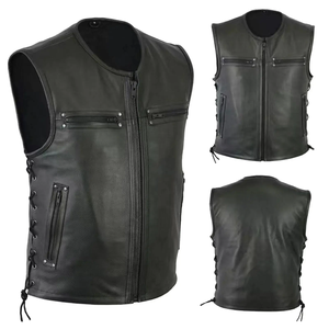 Peau de mouton véritable fabriquée en usine Gris vieilli Col de chemise vintage Chaud Léger Streetwear Zip-up Biker Racer Gilet en cuir - Product Image 5