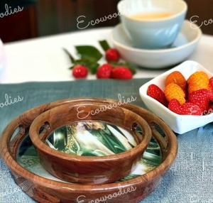 Plateau de service rond en bambou fait à la main avec poignée pour service de thé et café au restaurant - Product Image 4