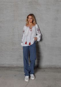 Top tejido de punto rumano vintage con diseño de borlas bordadas Tela de popelina de manga larga para estilo informal para fiestas de verano - Product Image 3