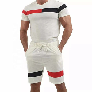 Ensemble T-shirt et short blancs pour homme, col en V, style décontracté, été, tissu tricoté respirant, grandes tailles, 100% polyester - Product Image 1