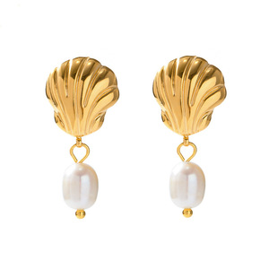 Pendientes de Acero Inoxidable Chapados en Oro de 18K, Estilo <span class=keywords><strong>Playa</strong></span>, Resistentes al Agua, con Perlas de Agua Dulce y Diseño de Concha, para Mujer - Product Image 1