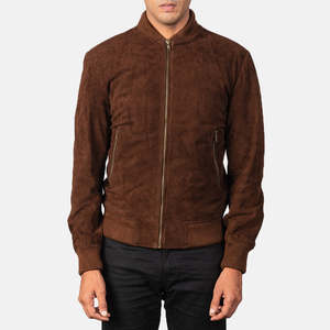 Shane Genuine Sheep Skin Mocha <b>Suede</b> Bomber <b>Jacket</b> Casual Aviator Reversible Zippered Water Proof Embroidered XS for Autumn - Product Image 4