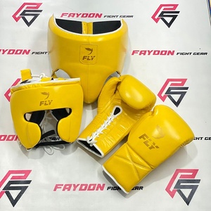 Nouvel ensemble de boxe FLY jaune pour l'entraînement : Gants de boxe, protège-guêtres, casque en cuir véritable absorbant les chocs - Product Image 1