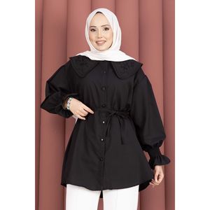 Túnica Negra de Popelina con Cuello Bordado, Diseño Floral de Encaje, Cintura con Cordón Ajustable, Corte Holgado, Talla XL, para Oficina, Primavera/Otoño, Rayón - Product Image 4