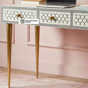 Thủ công xương Inlay nghiên cứu bàn với ngăn kéo và lưu trữ hình học mô hình bằng văn bản bảng có tính năng chân đồng và bề mặt gỗ - Product Image 5