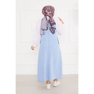 Vestido Overol de Mezclilla Azul Claro con Bolsillos Laterales, Estilo Casual Simple, Mangas Cortas, Decoración de Botones, Corte Recto para el Verano - Product Image 5