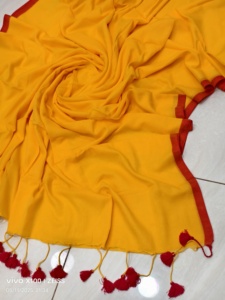 Sari en coton Jori Border Mal, tissé uni, teinture écologique, séchage rapide, léger, sari de mariage pour filles - Product Image 3