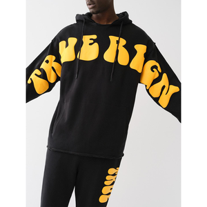 OEM Sweats à capuche à imprimé bouffant fond vieilli conception d'impression personnalisée épaules tombantes surdimensionné hiver 100% coton longs sweats à capuche - Product Image 1