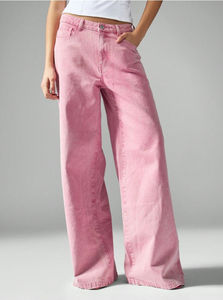 Jean en denim de coton rose pastel respirant à jambe large et taille mi-haute pour femme, coupe décontractée – Grande Vente Hiver - Product Image 5