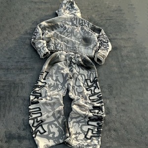 Conjunto de Sudadera con Capucha y Pantalones Deportivos de Algodón Grueso con Estampado DTG Personalizado, Logotipo Gráfico, Estilo Holgado, Desgastado, Decolorado por el Sol, con Cierre de Cremallera para Hombre - Product Image 2