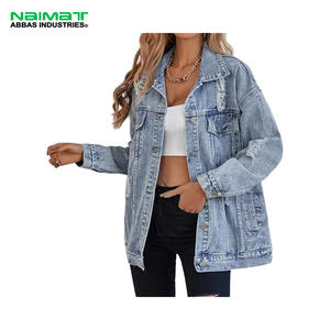 <b>Women</b> <b>Light</b> <b>Blue</b> Distressed Denim Jacket Oversized <b>Ripped</b> <b>Jean</b> Coat Frayed Hem Loose Outerwear Streetwear Casual Denim Jacket - Product Image 1