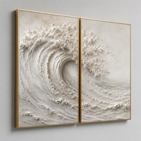 Ensemble de 2 tableaux muraux 3D texturés Vague Océanique, Peinture sur toile faite à la main, Relief en plâtre, Paysage marin Wabi Sabi, Décoration côtière pour maison et hôtel