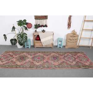 Vintage Rug 3.2x9.9 ft, <b>Red</b> Pink Bordered <b>Wool</b> Turkish Rug - Product Image 3