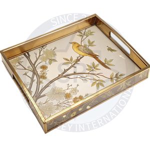 Plateau de service en bois de luxe, écologique, durable, compatible lave-vaisselle, avec feuilles tropicales en relief, forme rectangulaire et poignées - Product Image 1