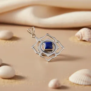 Pendentif en argent 925 avec lapis-lazuli, plaqué rhodium, or blanc, collier de pierres précieuses religieuses pour femmes, pendentifs à motif numérique - Product Image 1