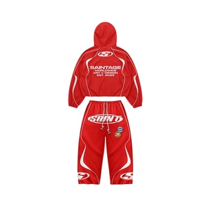 SAINTAGE <b>Red</b> Hooded Tracksuit Set Full Zip Sporty Jacket Elastic Waist Pants Unisex Adults Spring Quick Dry Polyester <b>Suit</b> - Product Image 3