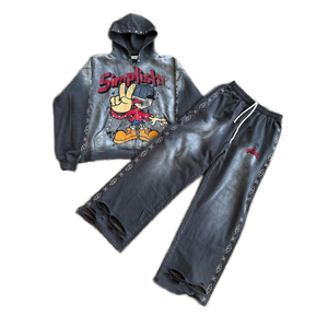 Vintage Sun Faded Tracksuits Cotton Fleece Streetwear Baggy <b>Trouser</b> Pullover Hoodie Sweat Suits - Product Image 4