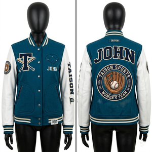 Veste de baseball pour femmes, corps en laine GSM, manches en cuir, panneaux blancs et turquoise, broderie chenille, logo personnalisé pour vestes pour femmes - Product Image 2