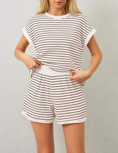 Ensemble de salon 2 pièces d'été pour femmes T-shirts à manches courtes à rayures Mini Shorts Loungewear Shorts Set Ribbed Pajama Set - Product Image 5