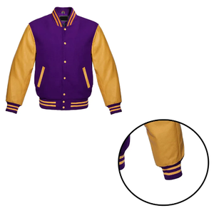 Qualité supérieure Letterman Baseball College Varsity Jacket Slim manches en cuir véritable violet et or pour l'hiver - Product Image 4