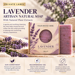 Sapone Artigianale alla Lavanda con Etichetta Privata 100g |   Idratante Naturale Vegano Senza Olio di Palma |   OEM Spagna - Product Image 3