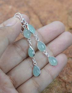 Boucles d'oreilles pendantes en argent sterling 925 plaqué or avec calcédoine aqua, faites à la main, bijoux en pierre bleue pour femme, cadeau, vente en gros - Product Image 3
