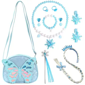 Children's Frozen Princess Aisha jewelry set Butterfly crossbody bag kids magic wand Frozen Crown Children's wig headband