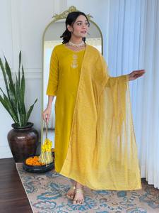 Traje Salwar de Tela de Rayón de Diseño Moderno, Estilo Indio Pakistaní, Color Amarillo, Último Modelo Exclusivo para Mujer, Elegante, Nuevo, para Fiestas, Bodas, Uso Casual - Product Image 4