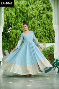 Vêtements ethniques indiens Faux Georgette couleur poussiéreuse unique avec travail brodé avec bordure en dentelle Dupatta ensemble pour robe de mariée - Product Image 6