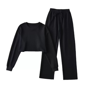 Sudaderas con capucha con logotipo personalizado Conjunto de 2 piezas Conjunto de Sudadera con capucha Mujer Manga larga Cuello redondo Crop Top Pantalones de chándal y conjunto de Sudadera con capucha Mujer - Product Image 1