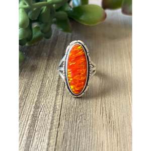 Bague artisanale Navajo en argent sterling 925 avec grappe d'opale orange taille marquise, taille 9 - Product Image 1