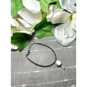 George Rios White Buffalo & Sterling Silver <b>Beaded</b> <b>Bracelet</b> with Pearl and Diamond Classic Religious Wedding Party Gift - Product Image 1