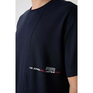 Camiseta Azul Marino 100% Algodón para Hombre, Corte Holgado con Textura Gruesa y Tela Jersey Estampada-88370 - Product Image 4